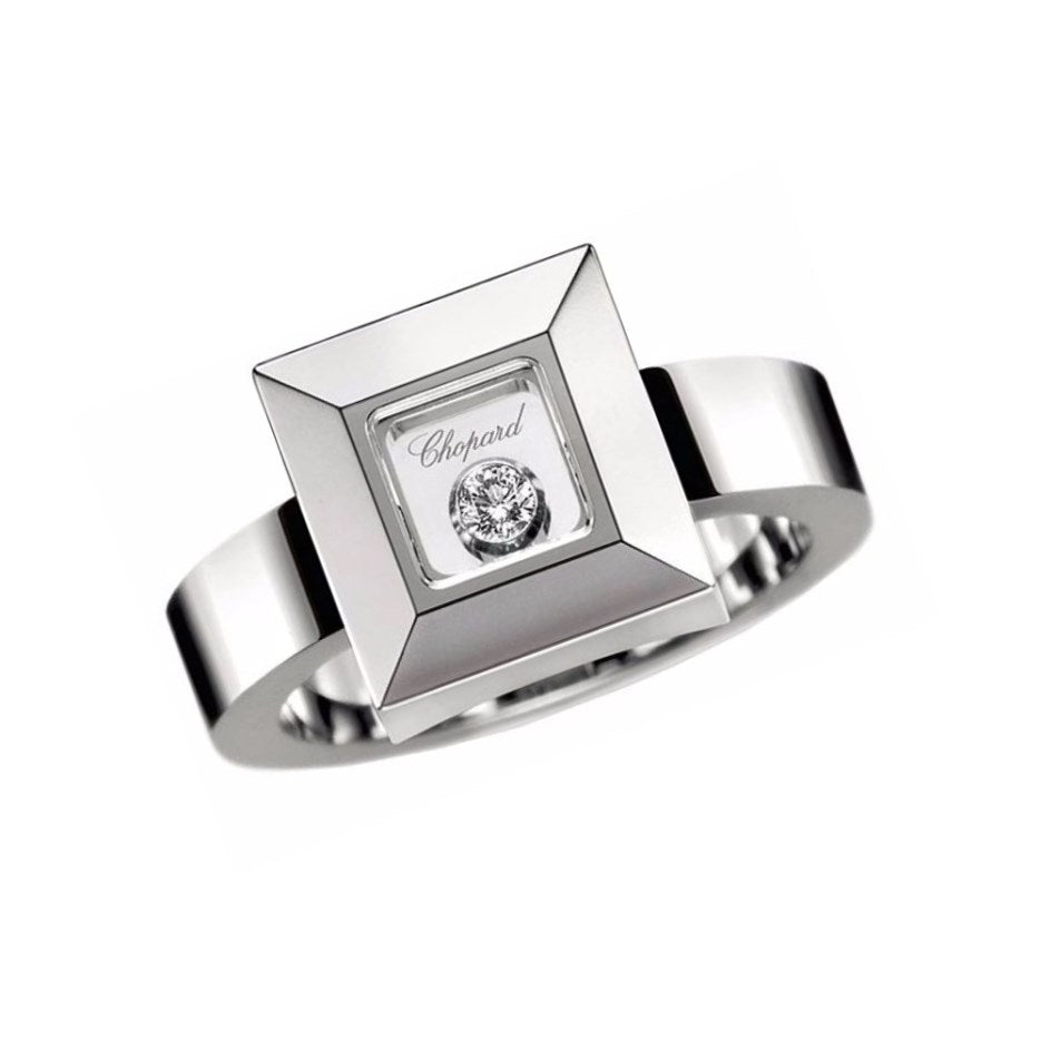 Anillo Happy Diamonds Oro Blanco con Diamante Móvil Cuadrado Talla 51