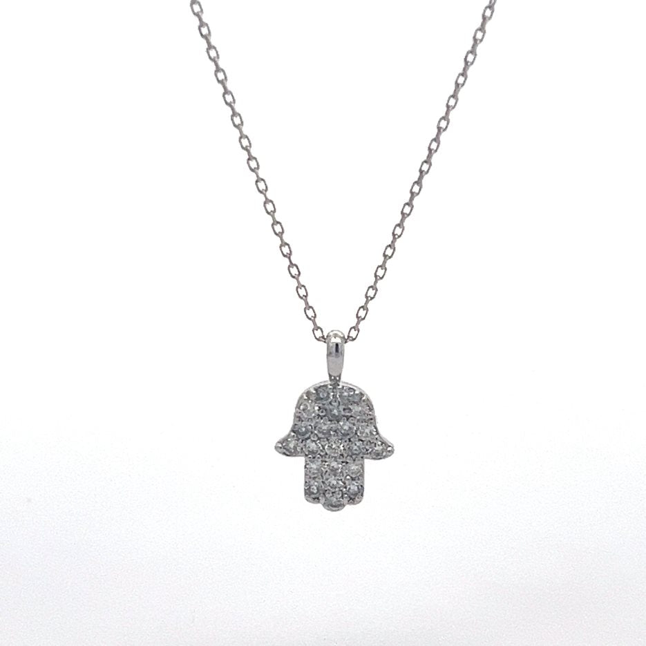 Gargantilla de oro blanco con dije Mano de Fátima y 21 diamantes (0,28 ct)