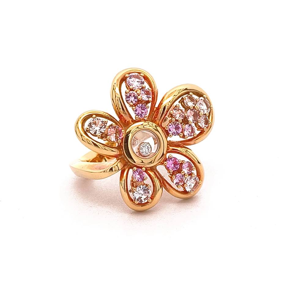 Anillo Happy Diamonds Oro Rosa Flor Zafiros y Diamante Central Talla 52
