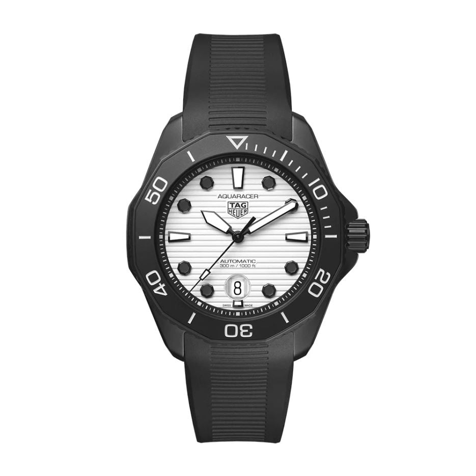 Reloj Aquaracer Automático 43mm Acero Negro Pulso de Latex Esfera Blanca