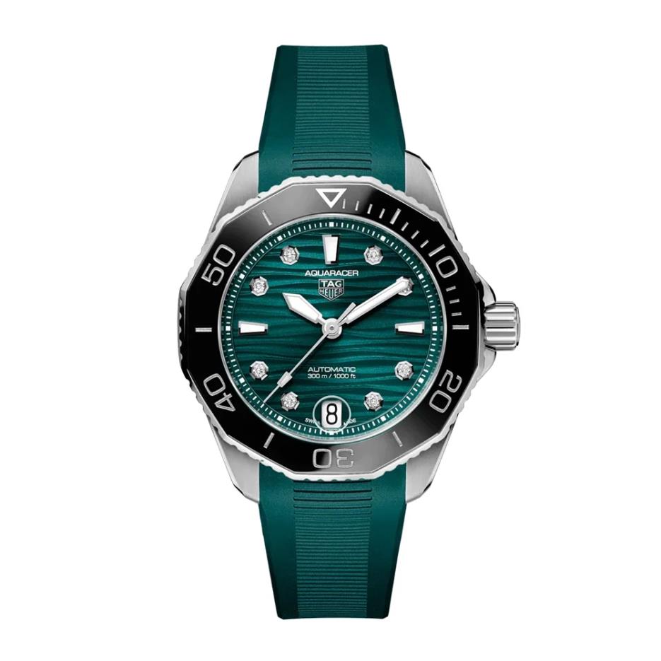 Reloj Aquaracer Cuarzo 36mm Acero Pulso de Latex Verde con Diamantes