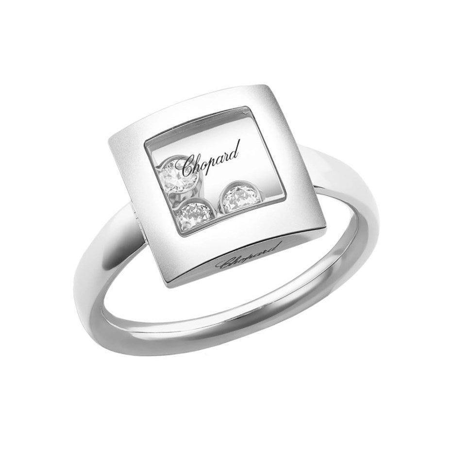 Anillo Happy Diamonds Oro Blanco Cuadrado con 3 Diamantes Móviles